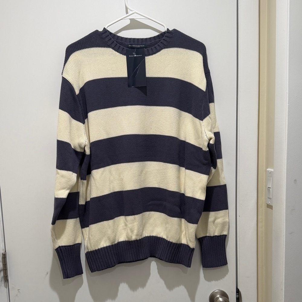 Brandy Melville Navy and Cream Striped Sweater